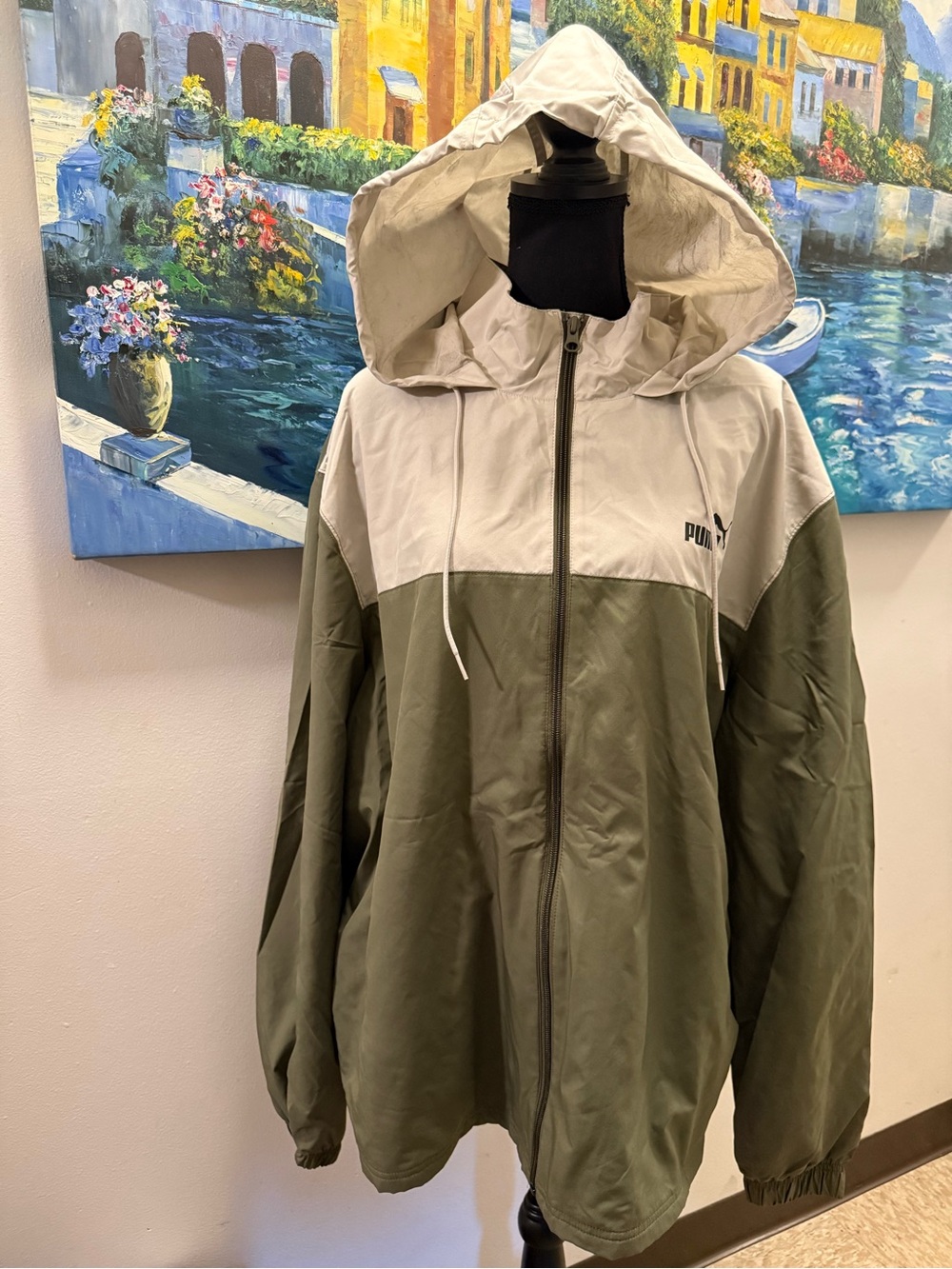 Puma Olive Green and Cream Hooded Windbreaker